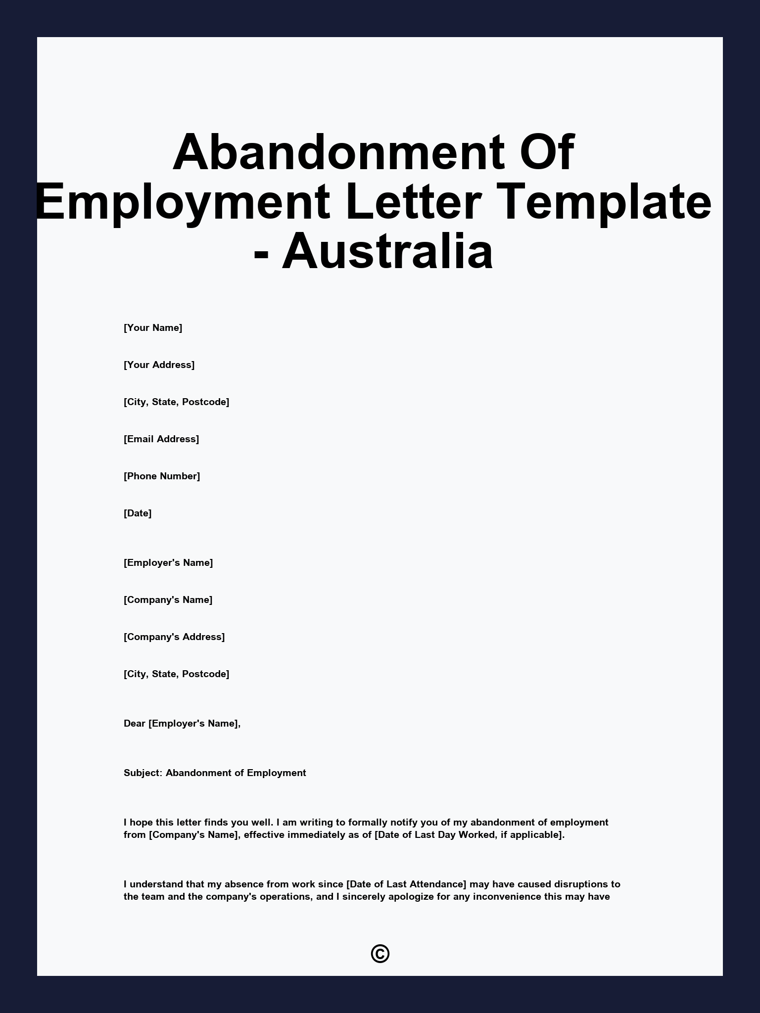 Abandonment Of Employment Letter Template - Australia