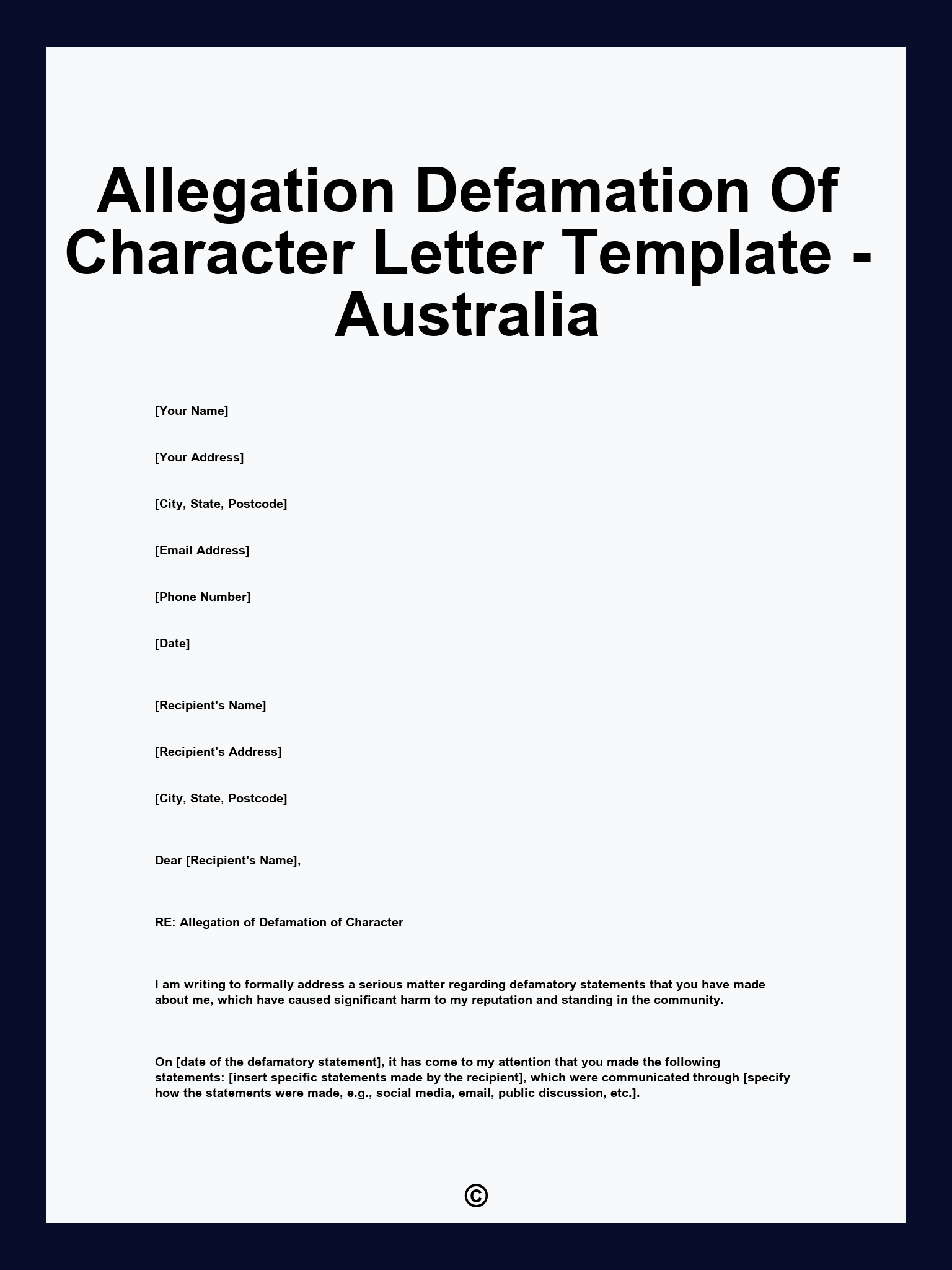 Allegation Defamation Of Character Letter Template - Australia