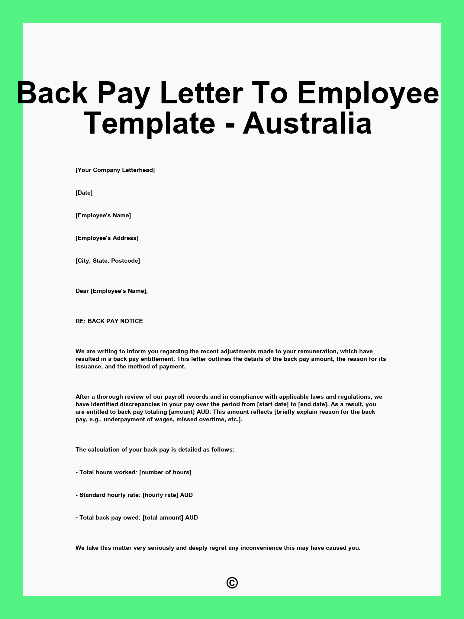 Back Pay Letter To Employee Template - Australia