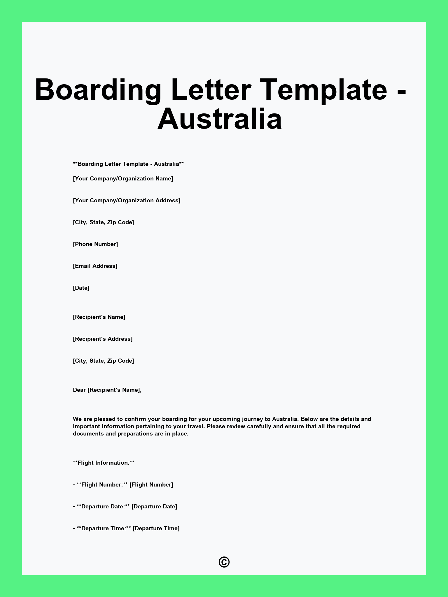 Boarding Letter Template - Australia