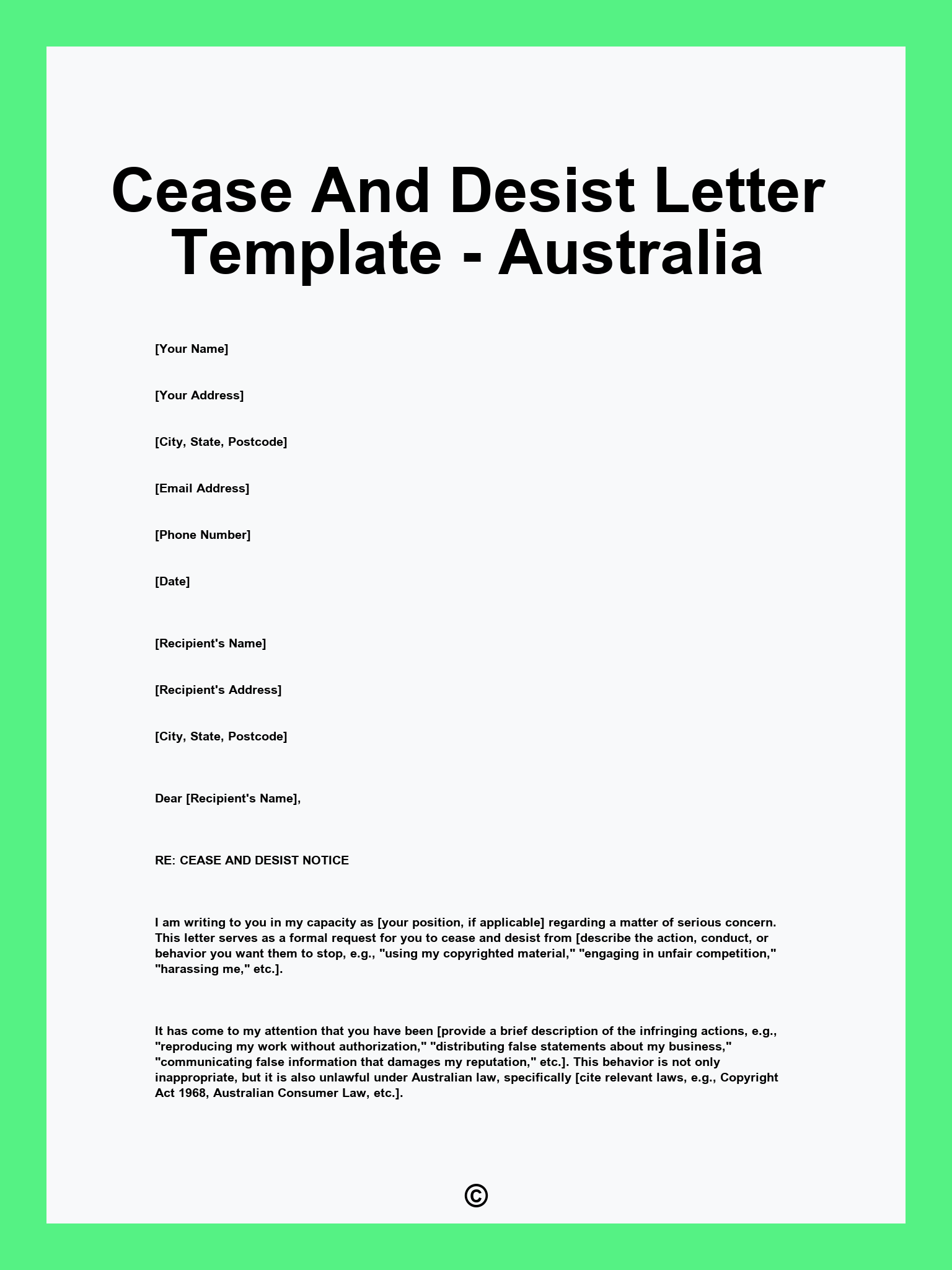 Cease And Desist Letter Template - Australia
