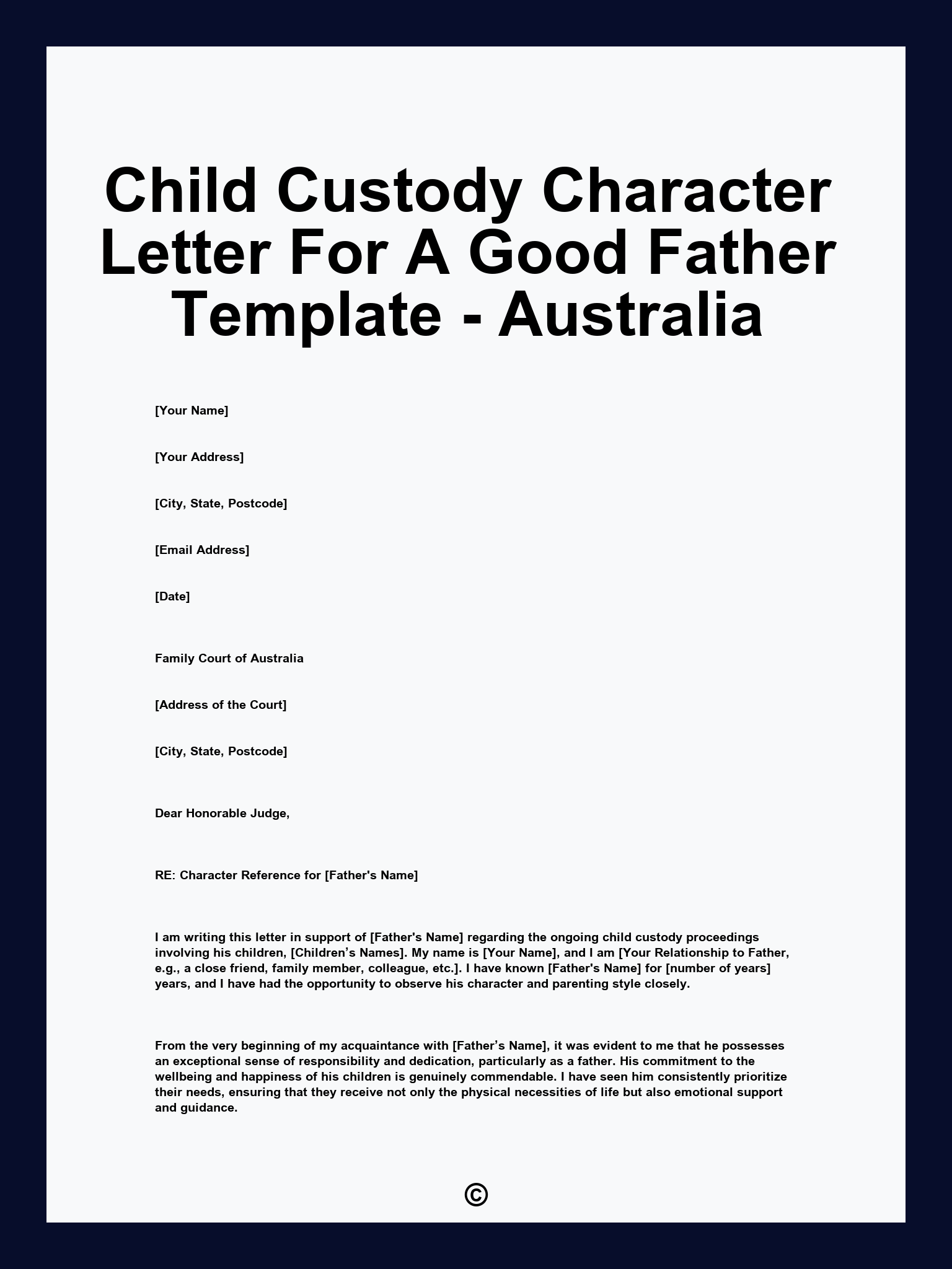 Child Custody Character Letter For A Good Father Template - Australia