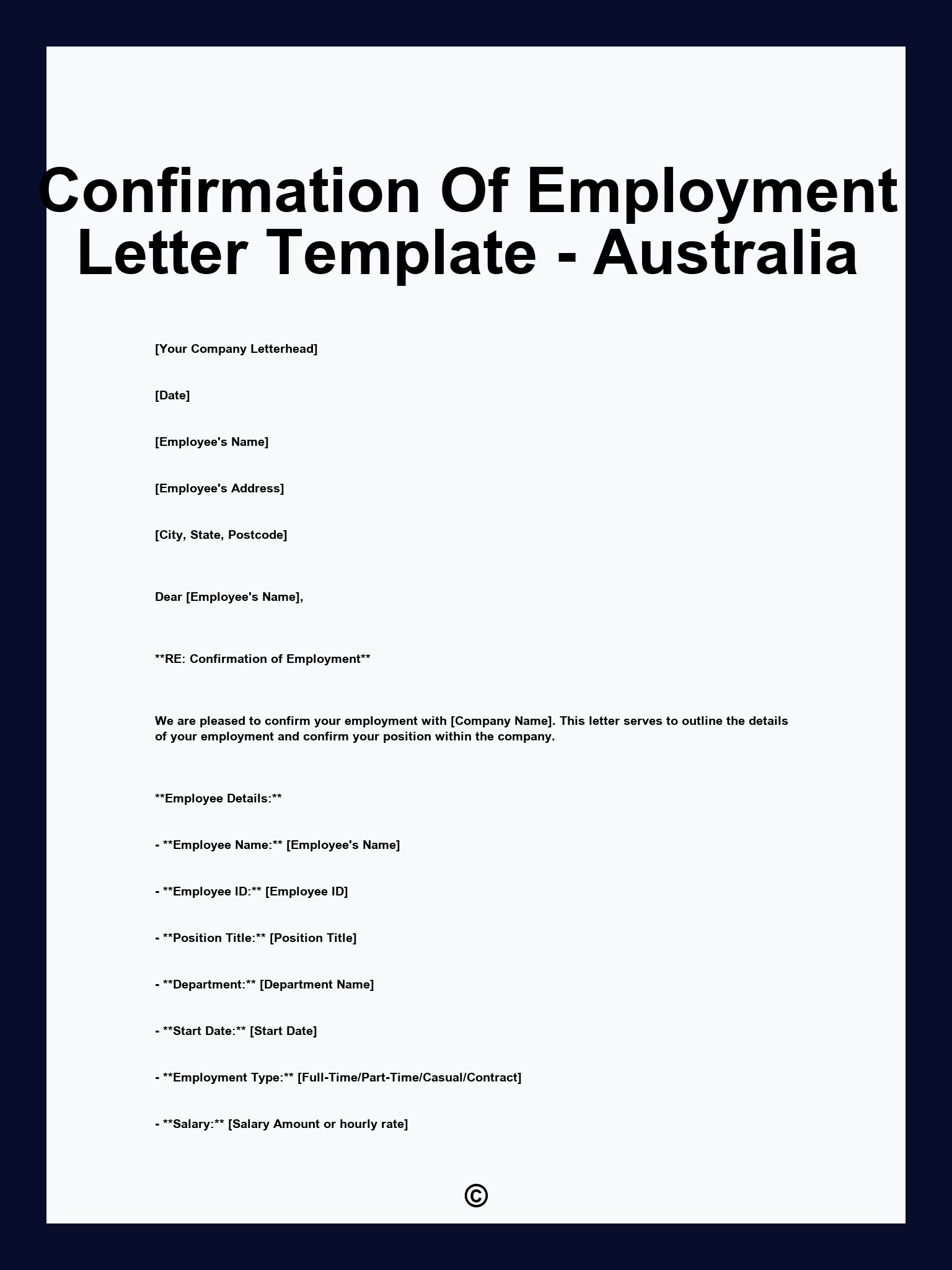 Confirmation Of Employment Letter Template - Australia