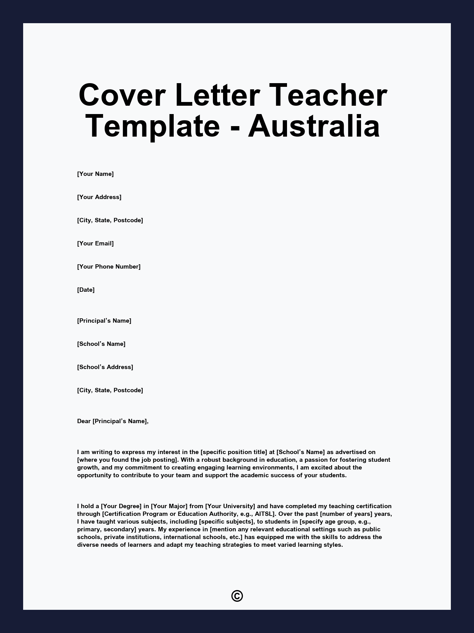 Cover Letter Teacher Template - Australia