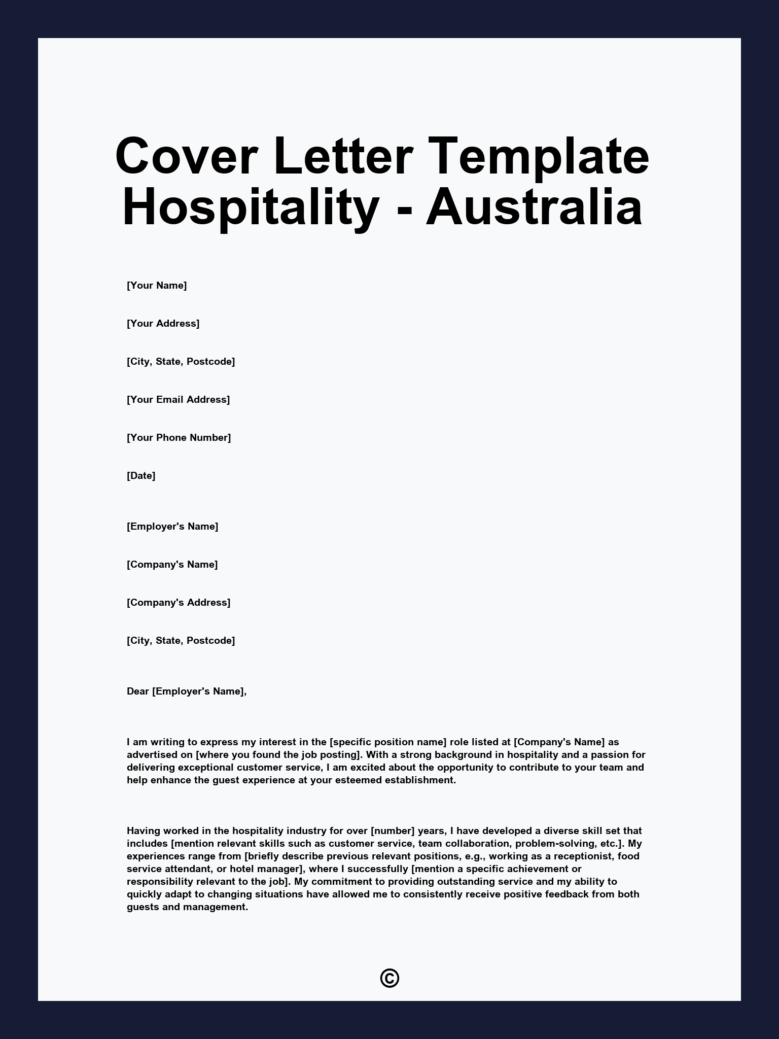 Cover Letter Template Hospitality - Australia