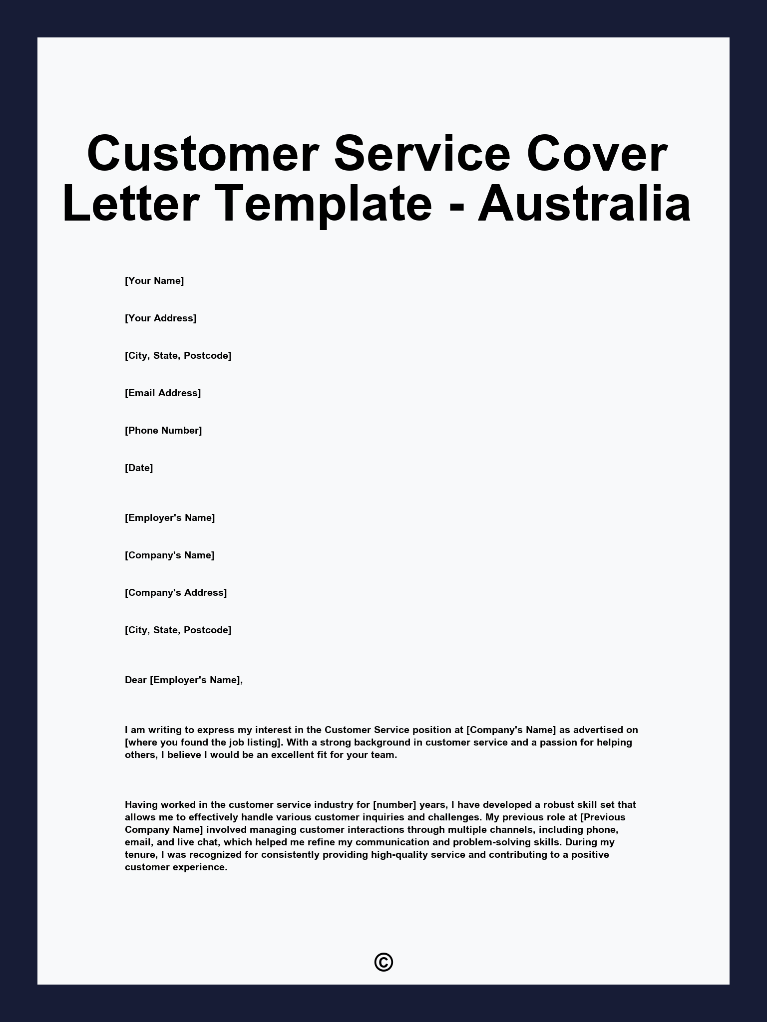Customer Service Cover Letter Template - Australia