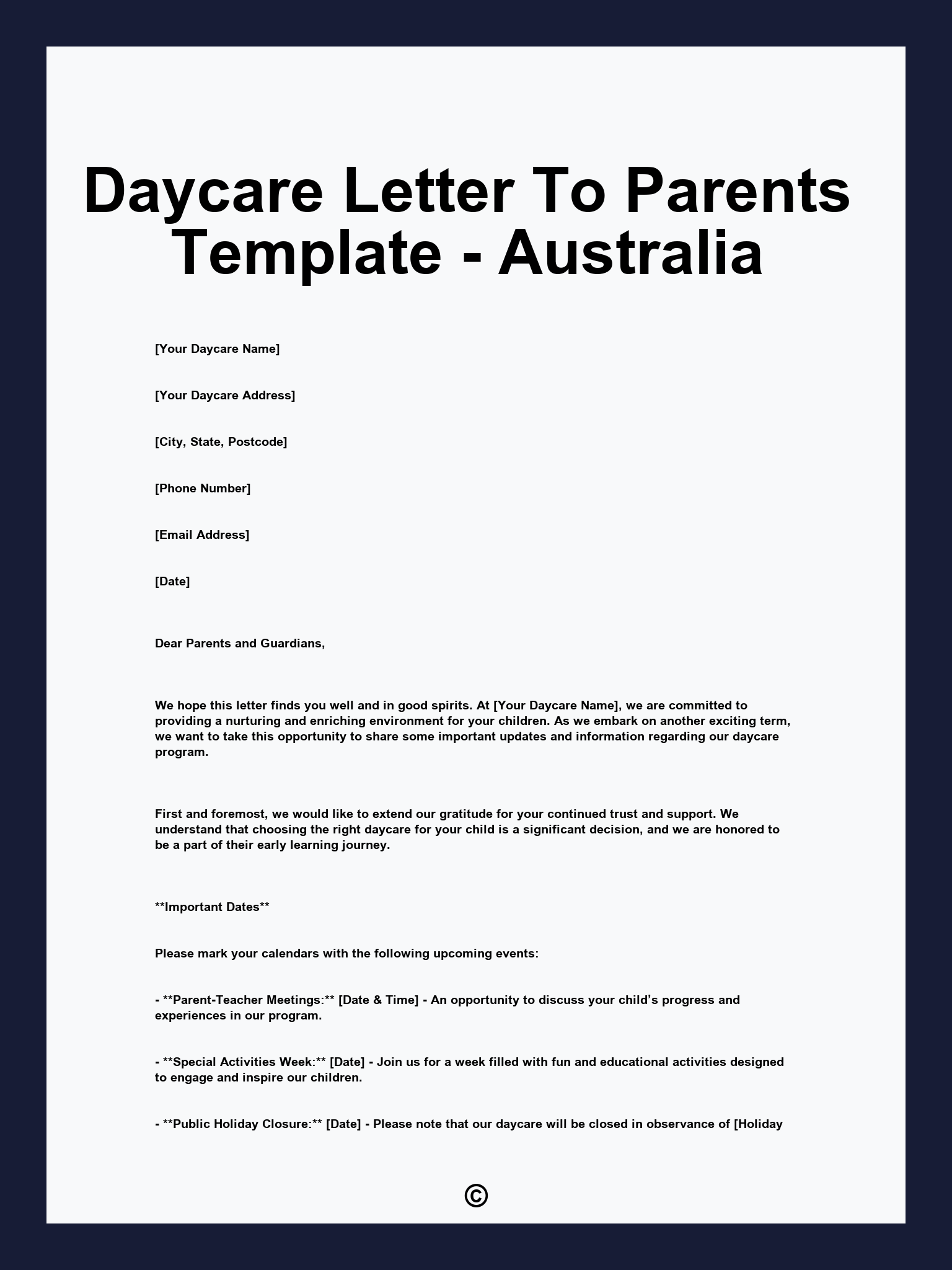Daycare Letter To Parents Template - Australia