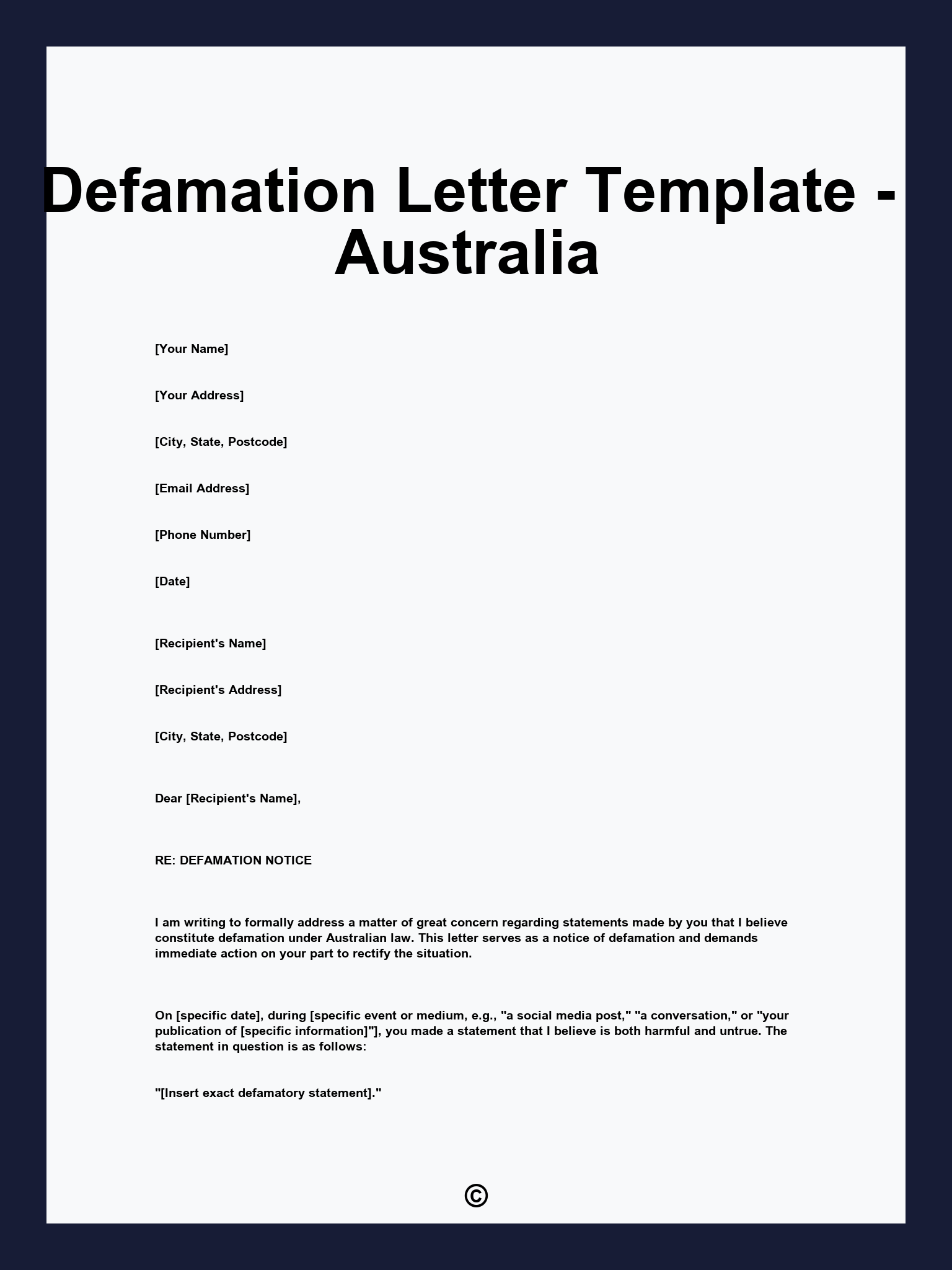 Defamation Letter Template - Australia