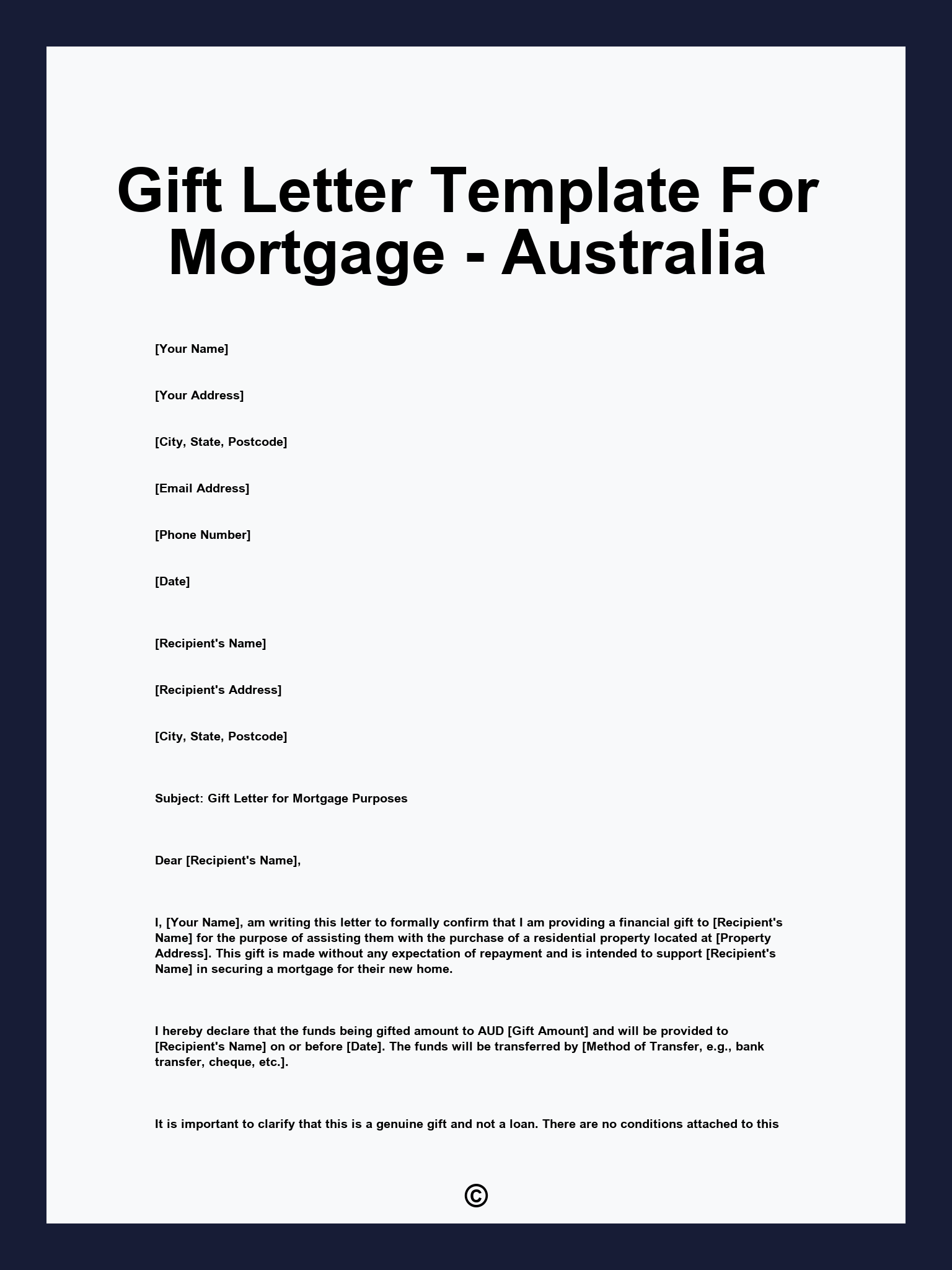 Gift Letter Template For Mortgage - Australia