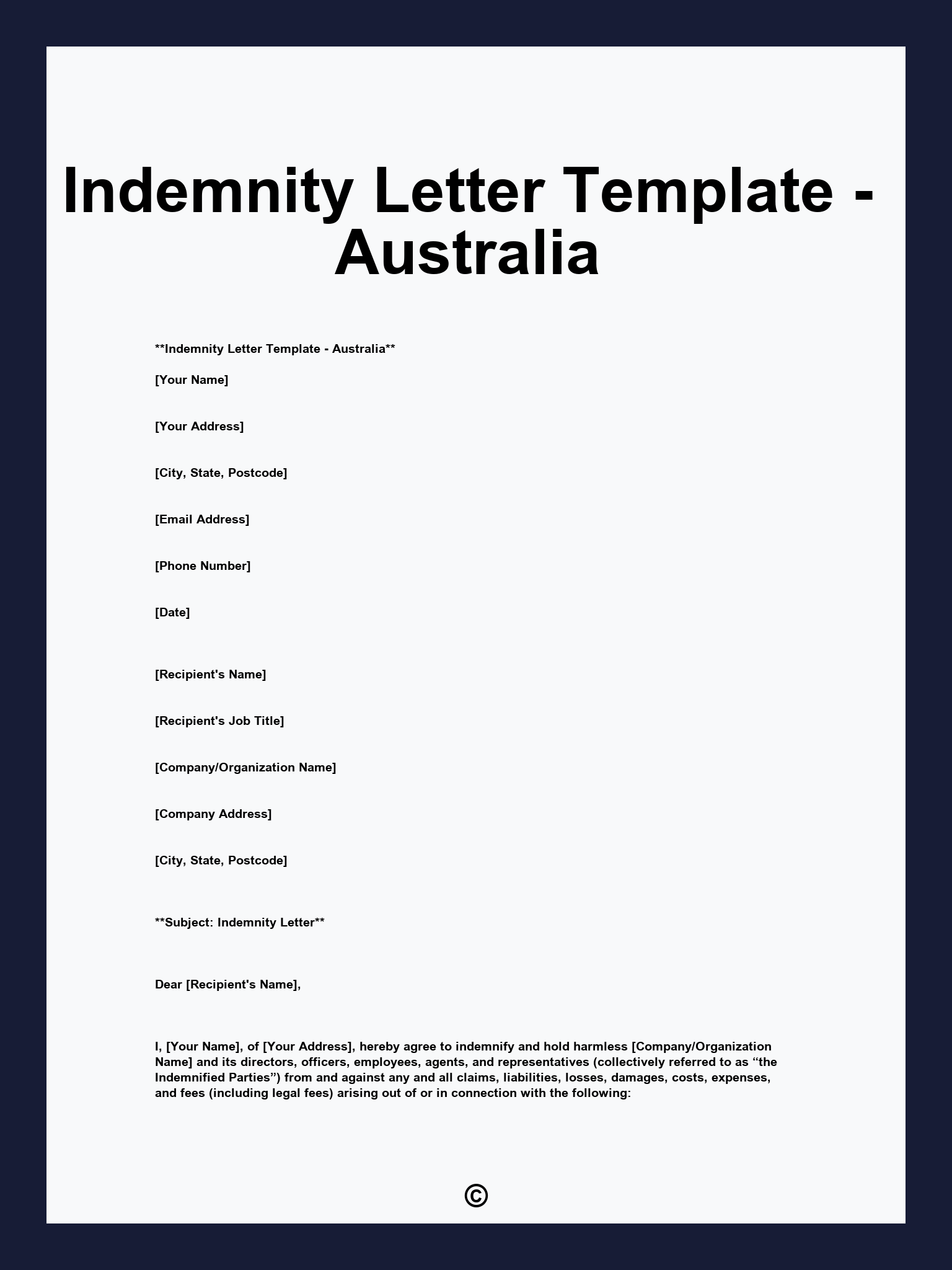 Indemnity Letter Template - Australia