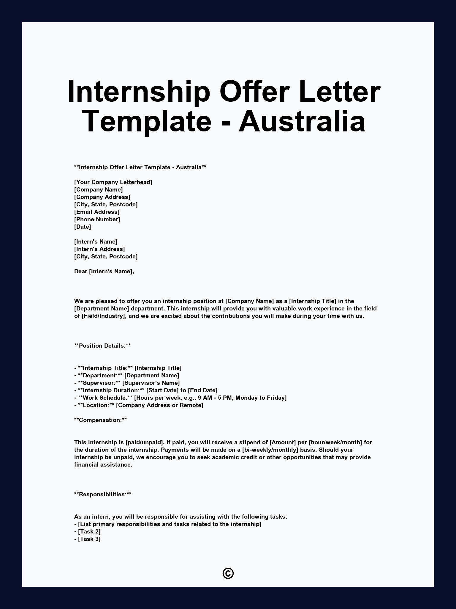 Internship Offer Letter Template - Australia