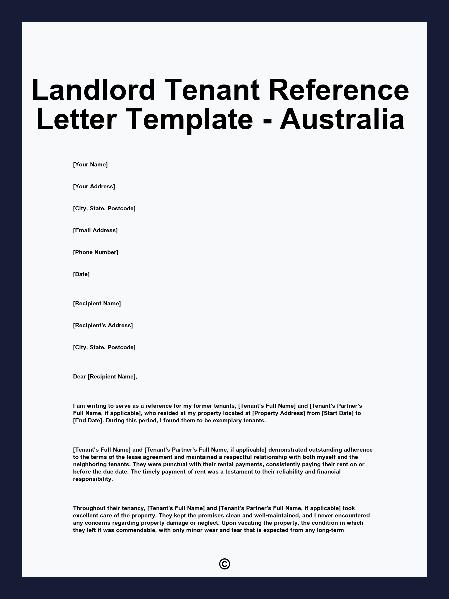 Landlord Tenant Reference Letter Template - Australia