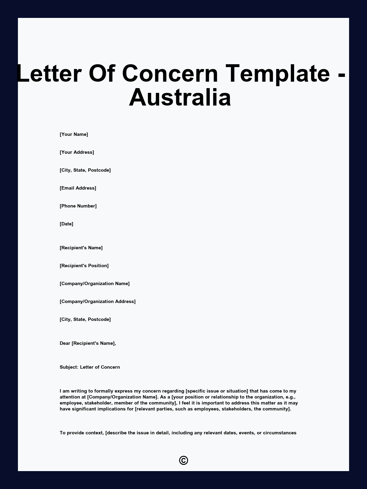 Letter Of Concern Template - Australia