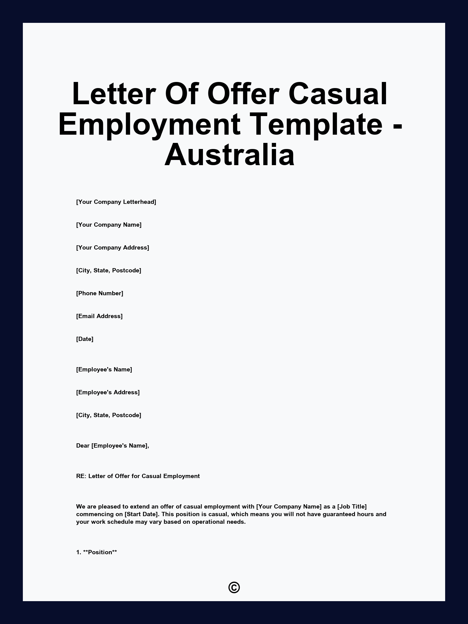 Letter Of Offer Casual Employment Template - Australia
