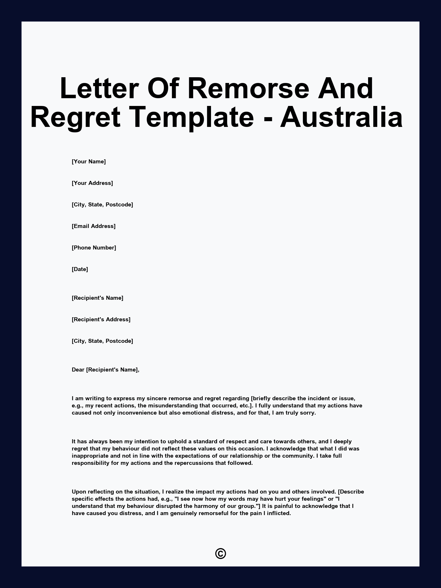 Letter Of Remorse And Regret Template - Australia