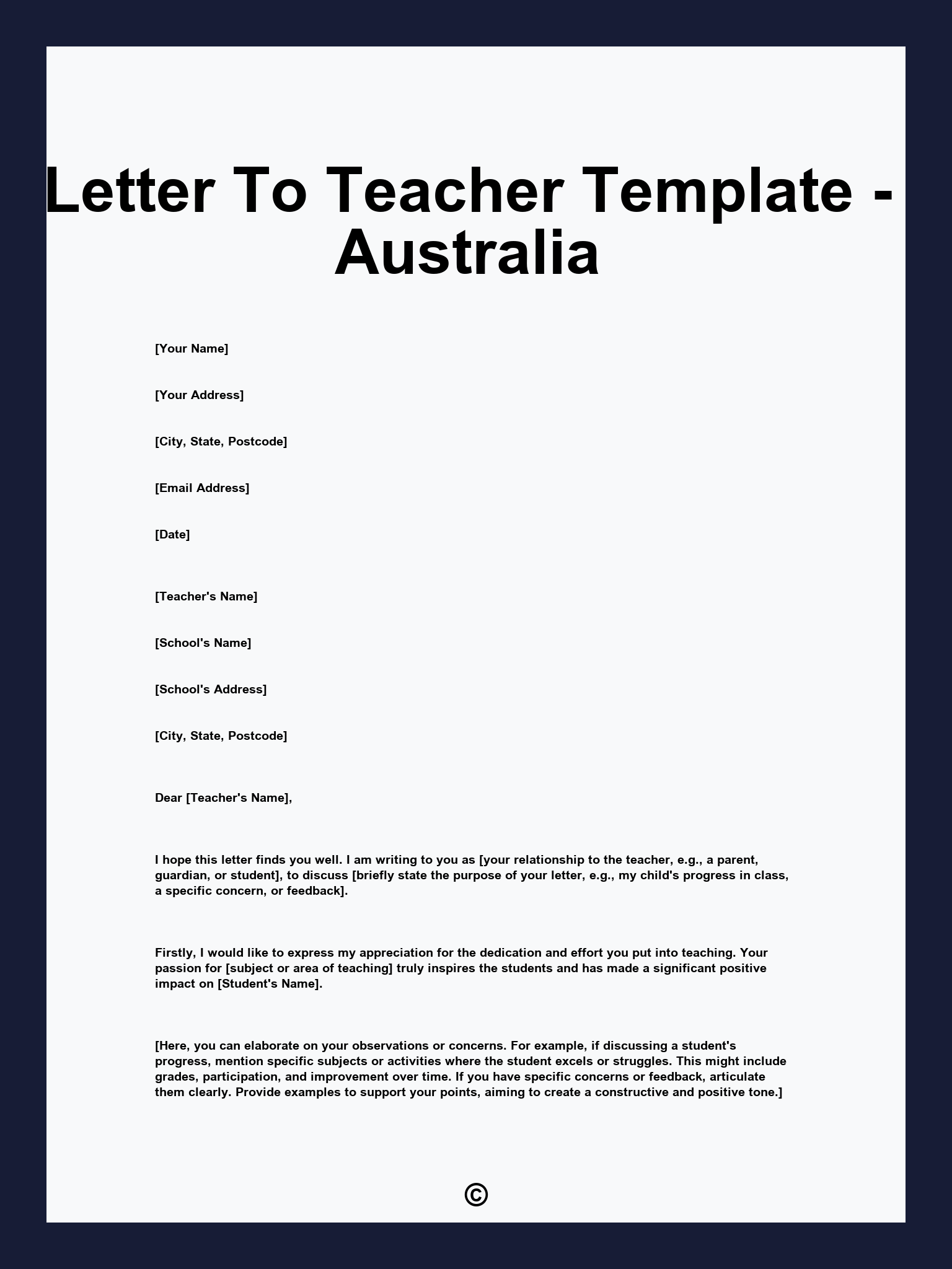 Letter To Teacher Template - Australia