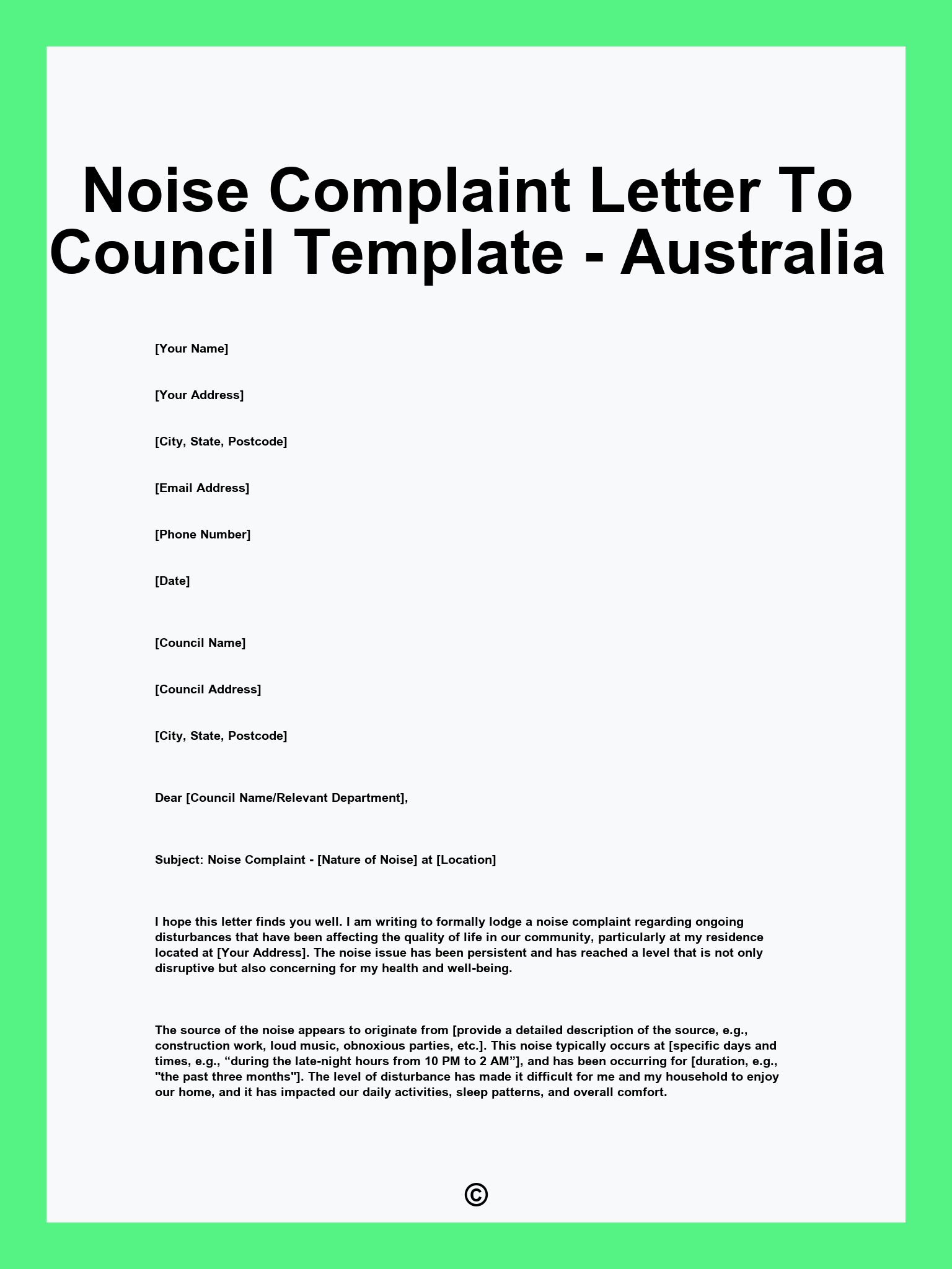 Noise Complaint Letter To Council Template - Australia