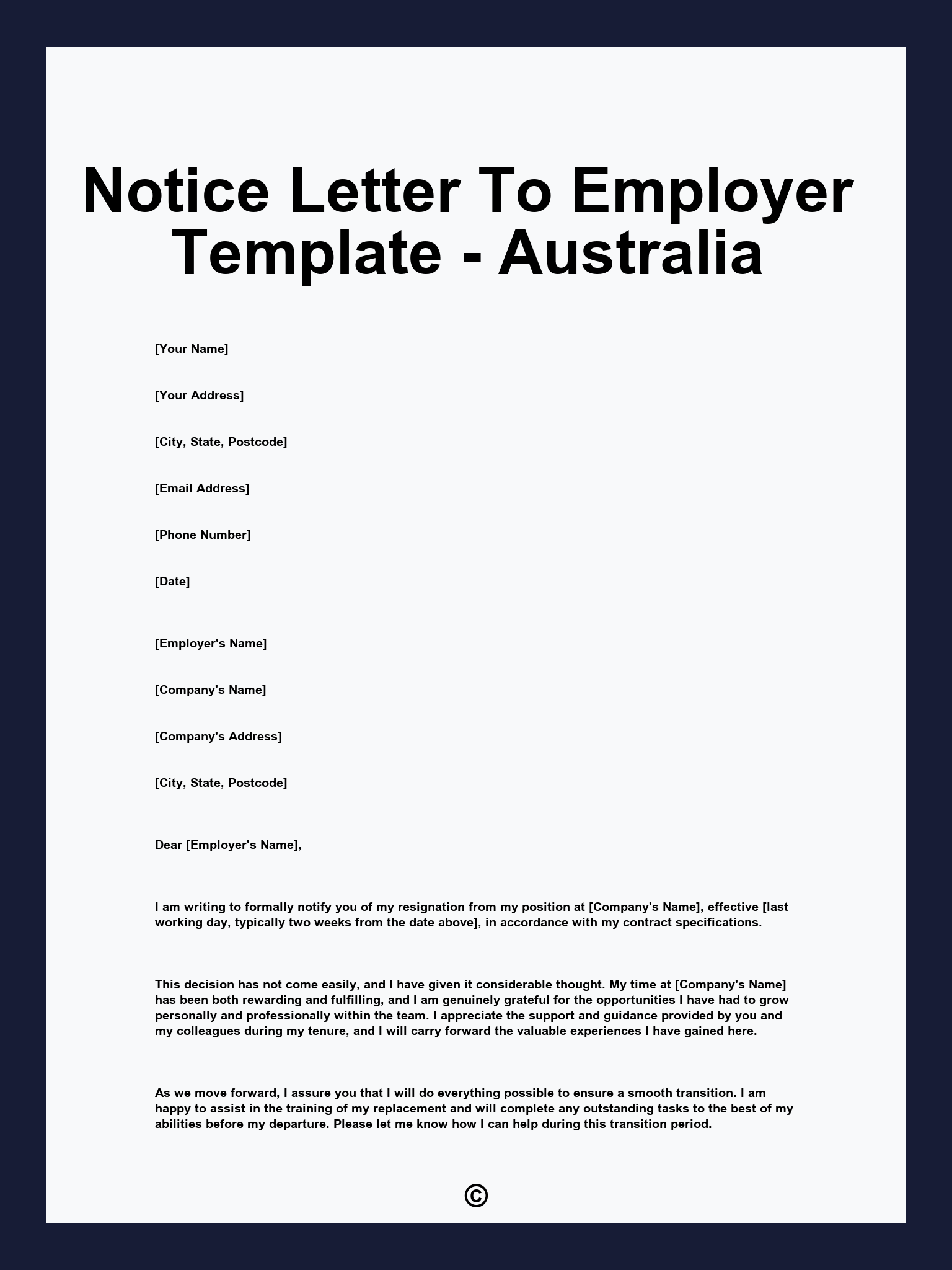 Notice Letter To Employer Template - Australia