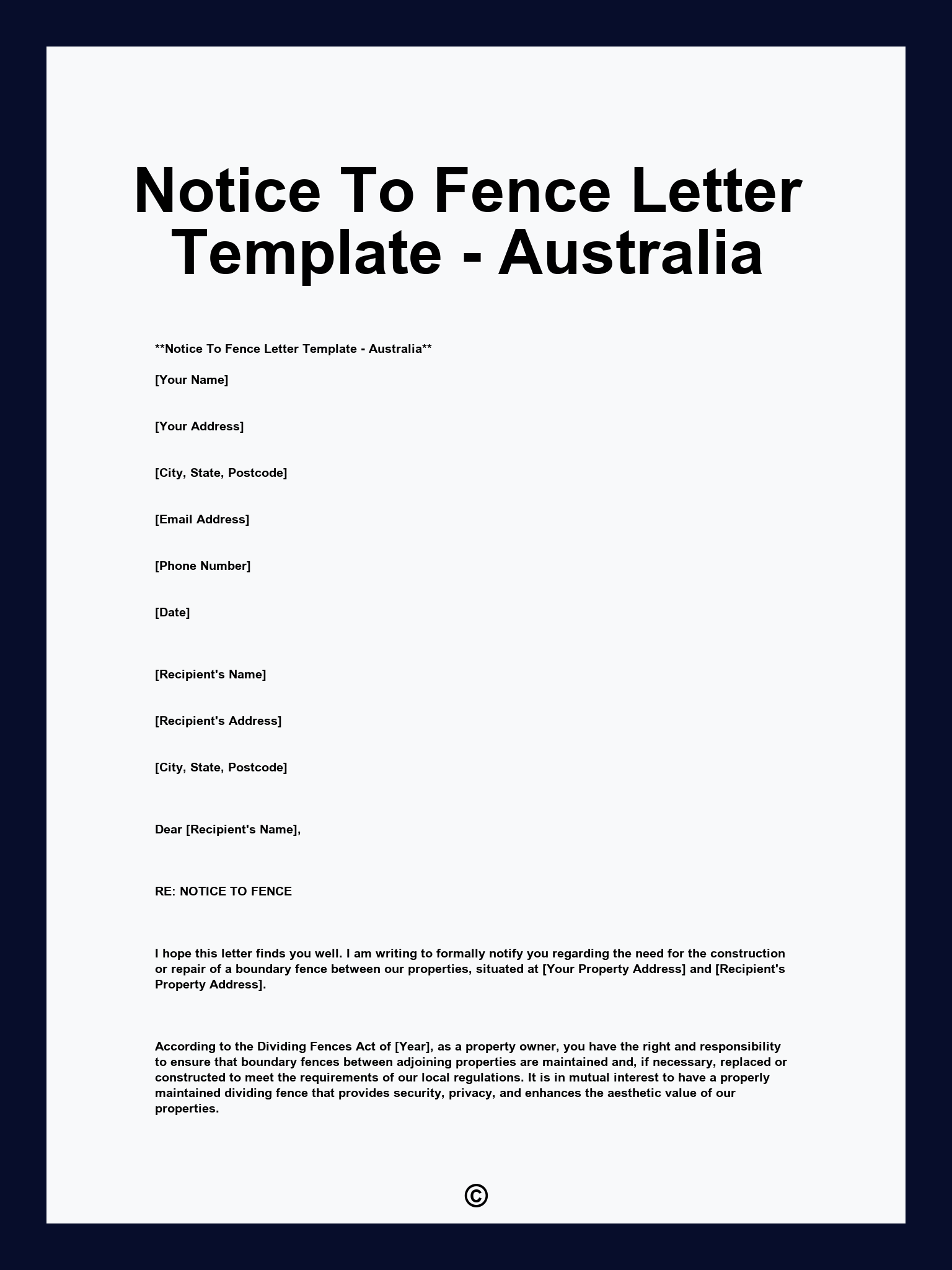 Notice To Fence Letter Template - Australia