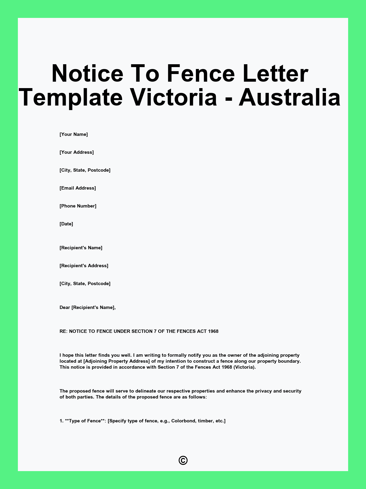 Notice To Fence Letter Template Victoria - Australia