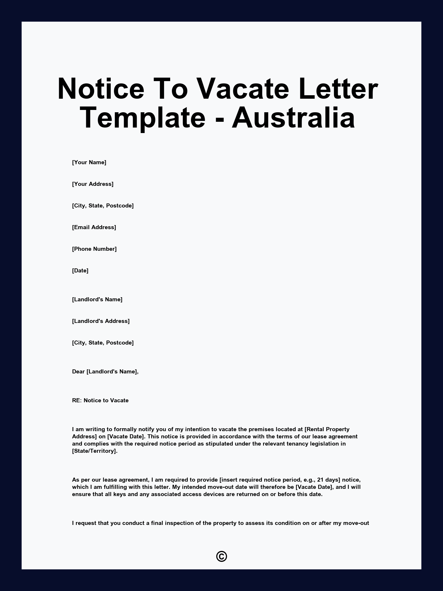Notice To Vacate Letter Template - Australia