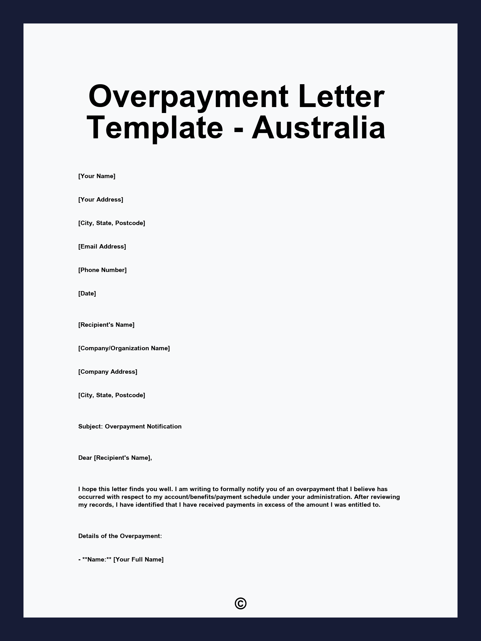 Overpayment Letter Template - Australia