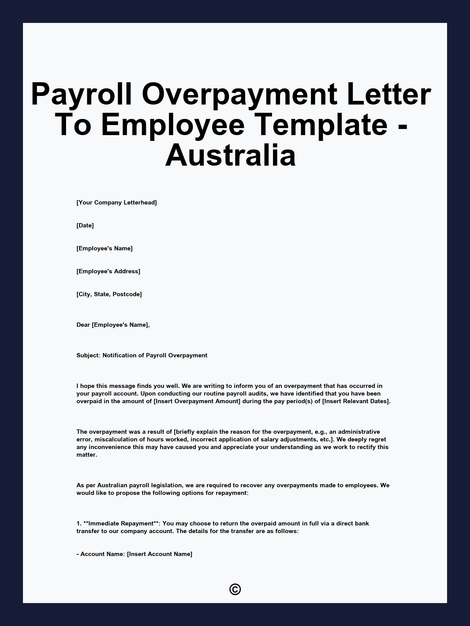 Payroll Overpayment Letter To Employee Template - Australia