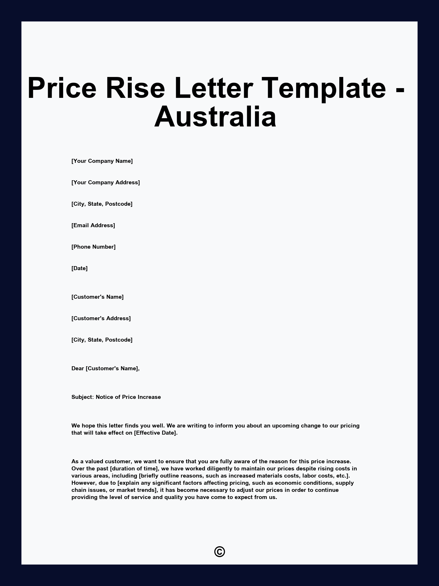 Price Rise Letter Template - Australia