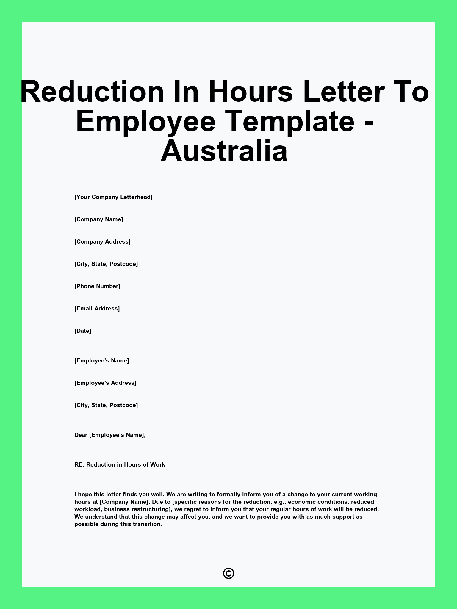 Reduction In Hours Letter To Employee Template - Australia