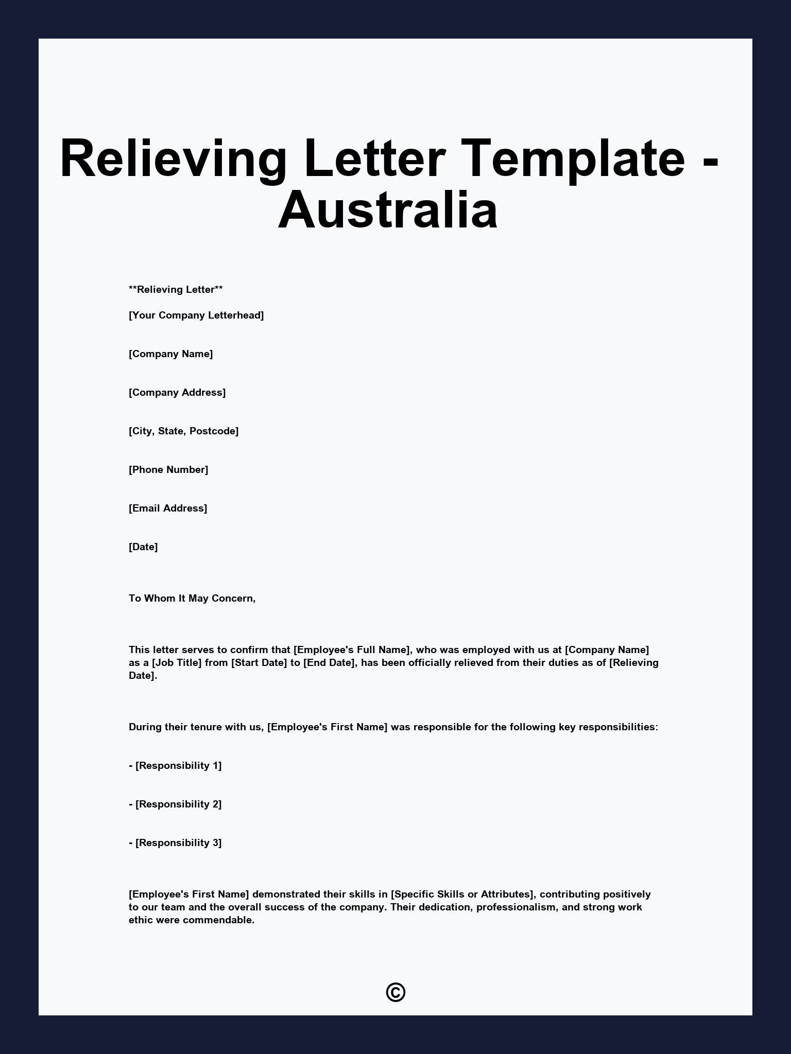 Relieving Letter Template - Australia
