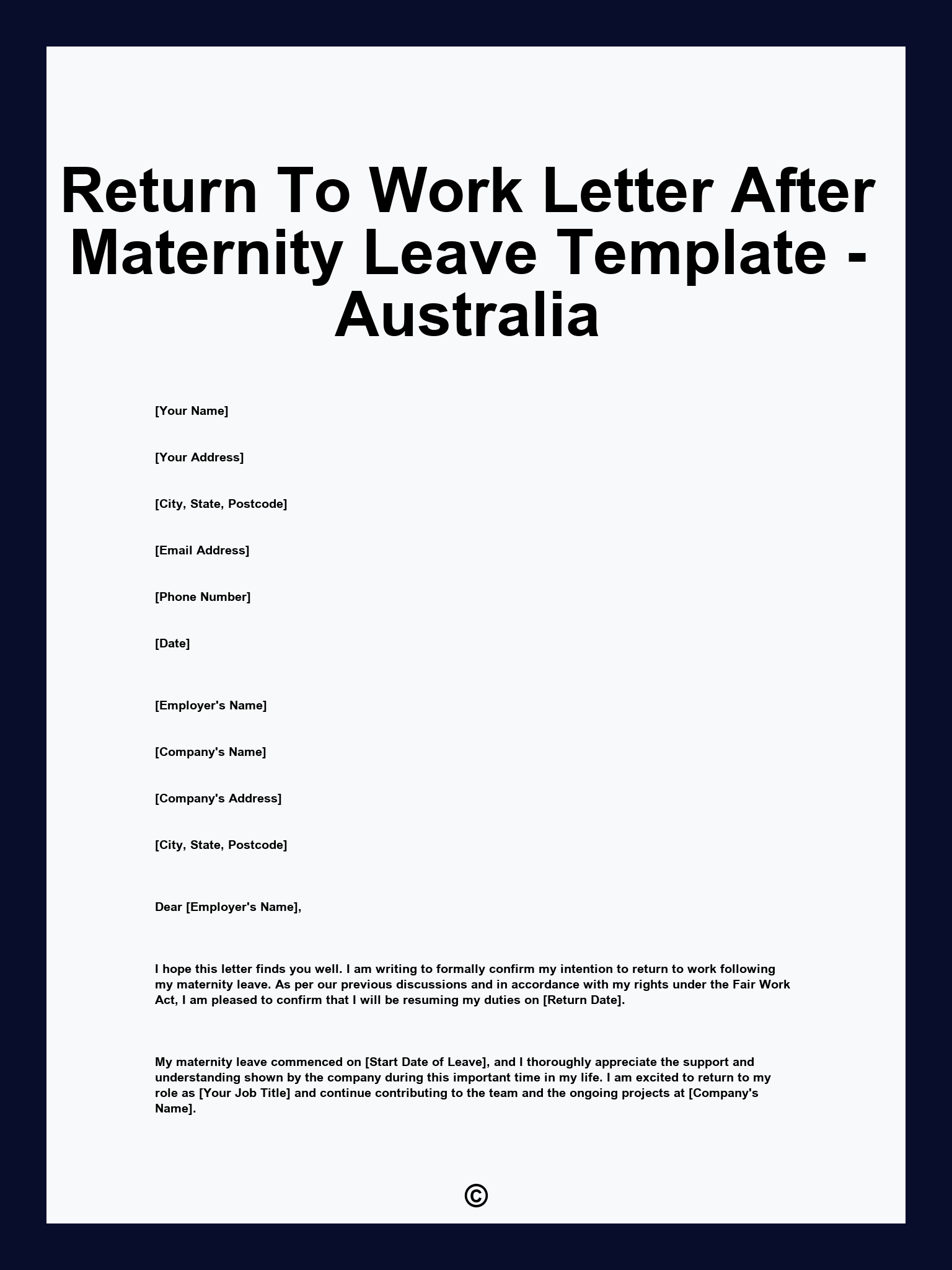 Return To Work Letter After Maternity Leave Template - Australia