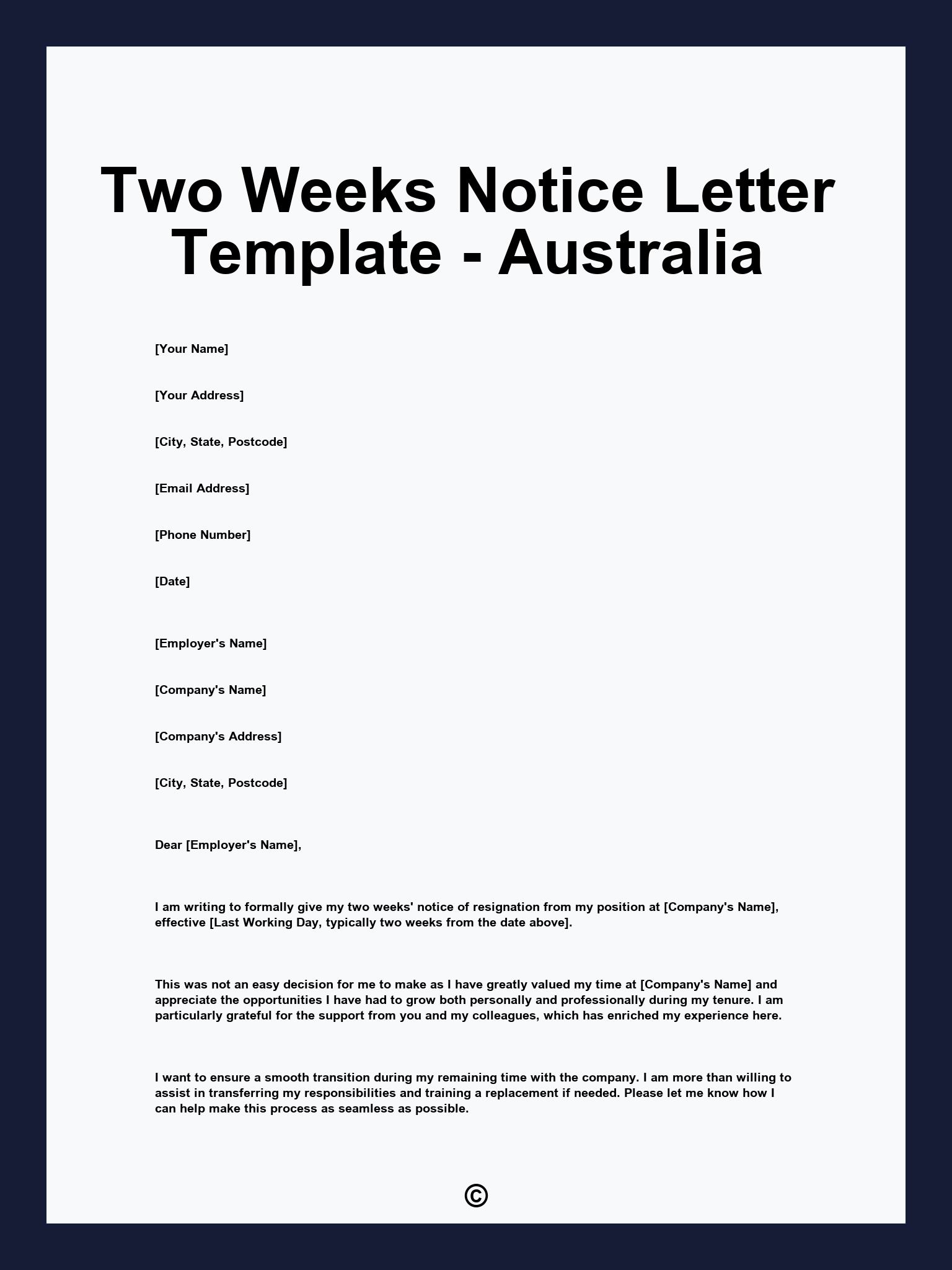 Two Weeks Notice Letter Template - Australia