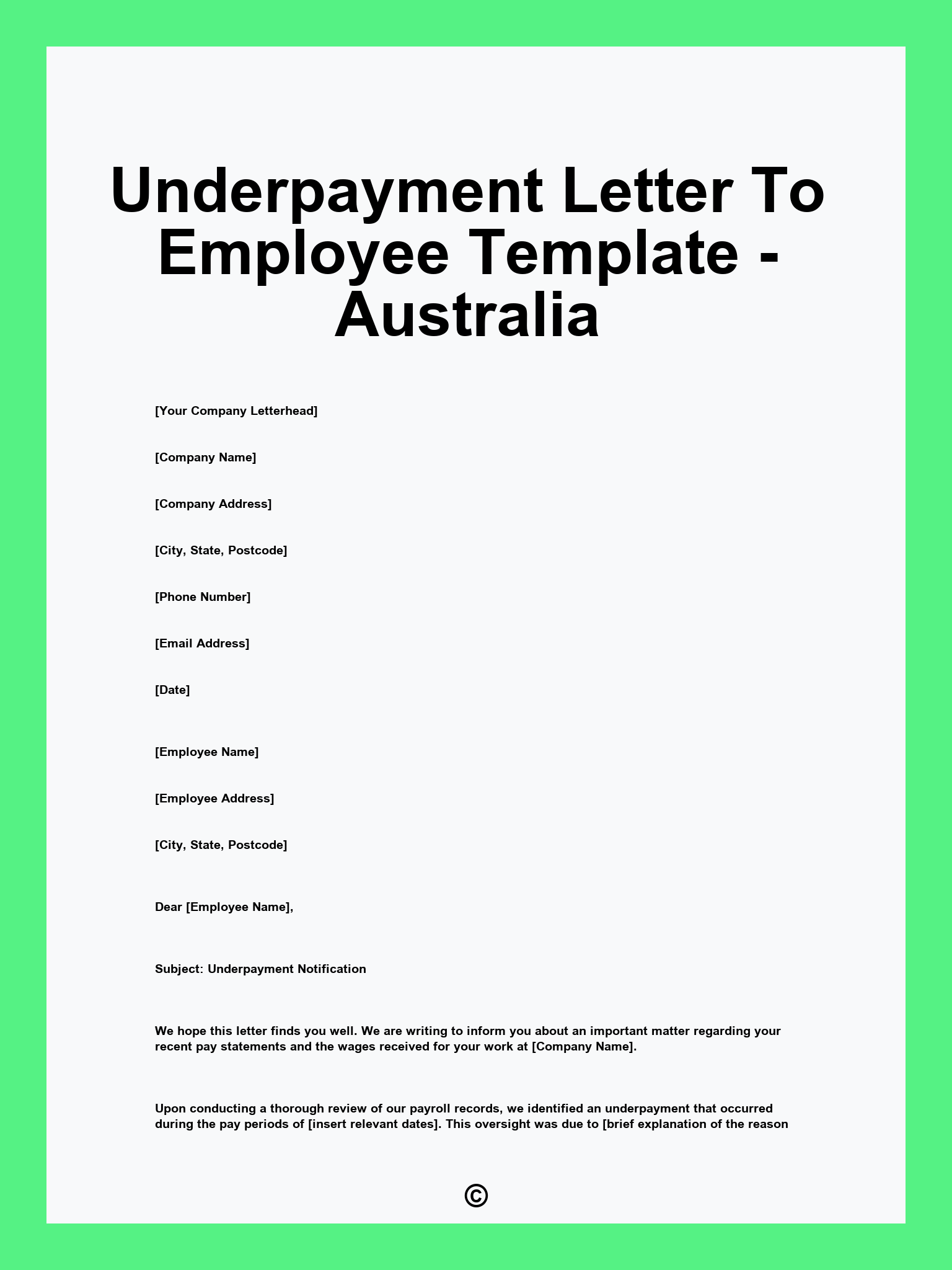 Underpayment Letter To Employee Template - Australia